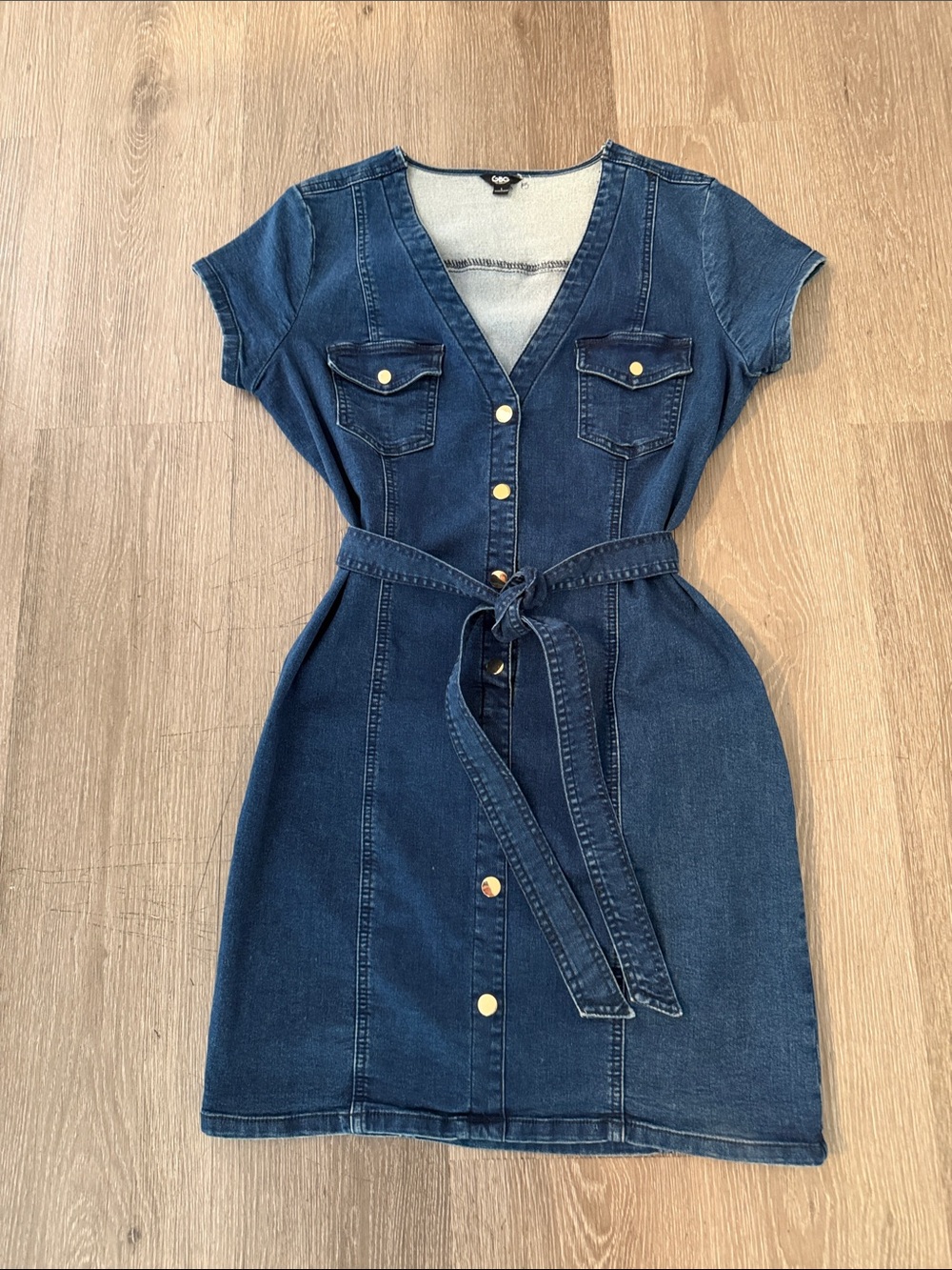 GBG Los Angeles Dark Blue Denim Button-Up Mini Dress with Tie Belt